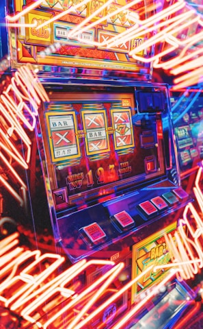 A vibrant scene featuring a classic slot machine with bright neon lights surrounding it. The slot machine displays symbols like 'Bar' and '7' and is set in a lively arcade environment. Reflections and colorful lighting add a sense of excitement and motion.